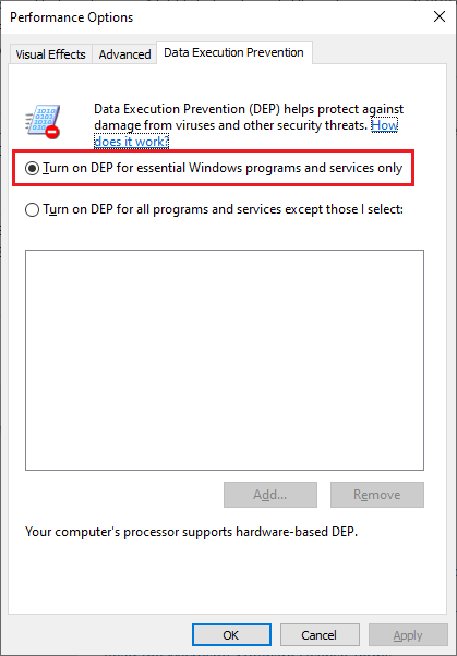 Data Execution Prevention Settings